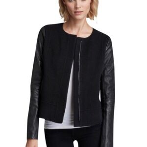 Vince Women's Black Wool Jacket with Leather Sleeves